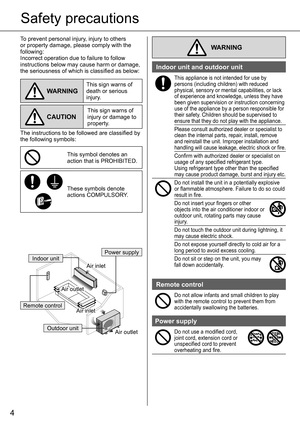 Page 44
Safety precautions
To prevent personal injury, injury to others 
or property damage, please comply with the 
following: 
Incorrect operation due to failure to follow 
instructions below may cause harm or damage, 
the seriousness of which is classiﬁ ed as below:
WARNINGThis sign warns of 
death or serious 
injury.
CAUTIONThis sign warns of 
injury or damage to 
property.
The instructions to be followed are classiﬁ ed by 
the following symbols:
This symbol denotes an 
action that is PROHIBITED.
These...