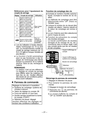 Page 21
- 1 -  

Références  pour  l’ajustement  du couple de serrage
RéglageCouple de serrageUtilisation
1Environ 0,9 N·m (3,0 kgf/cm ou  ,6 po-lbs)
Pour visser des vis
5Environ 0,8 N·m (8,4 kgf/cm ou 7,3 po-lbs)
9Environ 1,35 N·m (13,8 kgf/cm ou 1 ,0 po-lbs)
13Environ 1,88 N·m (19,  kgf/cm ou 16,6 po-lbs)
17Environ ,41 N·m ( 4,6 kgf/cm ou  1,3 po-lbs)
1Environ ,94 N·m (30,0 kgf/cm ou  6,0 po-lbs)
Environ 4,4 N·m (45,0 kgf/cm ou 39,0 po-lbs)
Pour un...