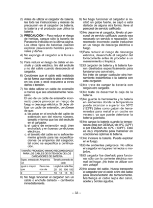 Page 33
- 33 -  

) Antes  de  utilizar  el  cargador  de  batería, lea  tods  las  instrucciones  y  marcas  de precaución  en  el  cargador  de  batería, la  batería  y  el  producto  que  utilice  la batería.
3)  
PRECAUCIÓN – Para reducir el riesgo de  heridas,  cargue  sólo  la  batería  de Panasonic indicada en la última página.
  Los  otros  tipos  de  baterías  pueden 
explotar  provocando  heridas  perso -
nales y daños.
4)  No  exponga  el  cargador  a  la  lluvia  o 
nieve.
5)  
Para  reducir...