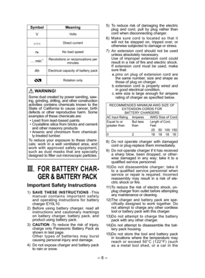 Page 6
- 6 - 

Symbol Meaning
VVolts
Direct current
n0No load speed
… min-1Revolutions or reciprocations per minutes
AhElectrical capacity of battery pack
Rotation only
 WARNING! 
Some dust created by power sanding, saw-ing, grinding, drilling, and other construction activities  contains  chemicals  known  to  the State  of  California  to  cause  cancer,  birth defects  or  other  reproductive  harm.  Some examples of these chemicals are:
•  Lead from lead-based paints
• 
Crystalline silica from bricks and...