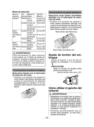 Page 48- 48 - 
Funcionamiento de pistola tala dradora
Seleccione modo taladro atornillador 
alto/bajo con el interruptor de selec-
ción de modo.
• 
Cambie a la posición de impacto o 
modo taladro atornillador alto/bajo solo 
cuando la herramienta ha detenido com-
pletamente la rotación. Si la herramienta 
está rotando puede provocar daños.
.PEP5BMBESPBUPSOJMMBEPSCBKP
.PEP5BMBESPBUPSOJMMBEPSBMUP
Ajuste de torsión del em-
brague
Ajuste la torsión a uno de los 21 
ajustes de embrague o a la posición  
“...