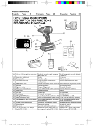 Page 2- 2 - 
FUNCTIONAL DESCRIPTION
DESCRIPTION DES FONCTIONS
DESCRIPCIÓN FUNCIONAL
Index/Index/Indice
English: Page  5  Français: Page 20  Español: Página 36
 
10.8 V ─ 28.8 VEY0L82
(O)
(F)
(A)(B)
(C)
(D)
(E)
(G)
(N)
(I) (J)
(P)
(Q)
(A) 6.35 mm (1/4″ ) hex quick connect chuckMandrin de connexion rapide hexagonal 
de 6,35 mm (1/4″) Mandril hexagonal de conexión rápida de   
6,35 mm (1/4″)(A)′
Square drive (ball detent)MandrinPortabroca
(B) Nose protector Protection du bec Protector del morro
(C)...