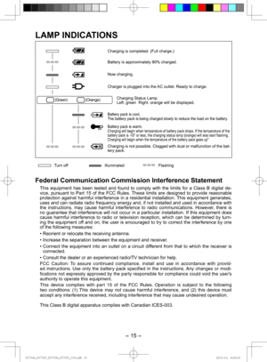 Page 15- 15 -  
LAMP INDICATIONS
Charging is completed. (Full charge.)
Battery is approximately 80% charged. 
Now charging.
Charger is plugged into the AC outlet. Ready to charge.
(Green) (Orange)Charging Status Lamp.
Left: green  Right: orange will be displayed.
Battery pack is cool.
The battery pack is being charged slowly to reduce the load on the batte\
ry. 
Battery pack is warm. Charging will begin when temperature of battery pack drops. If the tempe\
rature of the 
battery pack is -10° or less, the...