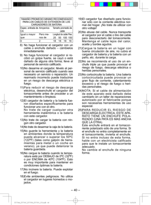Page 40- 40 - 
TAMAÑO PROMEDIO MINIMO RECOMENDADO PARA LOS CABLES DE EXTENSION DE LOS  CARGADORES DE BATERIA
Espec. entrada de 
CAAmperiosTamaño promedio de 
cable
Igual o mayor 
que Pero me-
nos deLongitud de cable Pies
25 50 100 150
0 2 18 18 18 16
8)  No haga funcionar el cargador con un  cable o enchufe dañado – cámbielos 
inmediatamente.
9)  No haga funcionar el cargador si re- cibió un golpe fuerte, se cayó o está 
dañado de alguna otra forma; lleve al 
personal de servicio calificado.
10)
 No desarme el...