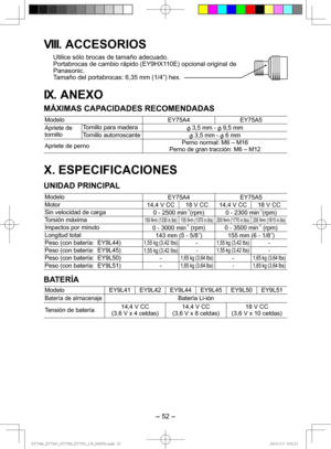 Page 52- 52 - 
VIII.  ACCESORIOS
Utilice sólo brocas de tamaño adecuado.
Portabrocas de cambio rápido (EY9HX110E) opcional original de 
Panasonic.
Tamaño del portabrocas: 6,35 mm (1/4”) hex.
IX. ANEXO
MÁXIMAS CAPACIDADES RECOMENDADAS
Modelo
EY75A4 EY75A5
Apriete de 
tornillo Tornillo para madera
 3,5 mm -  9,5 mm
Tornillo autorroscante
 3,5 mm -  6 mm
Apriete de perno Perno normal: M6 – M16
Perno de gran tracción: M6 – M12
X. ESPECIFICACIONES
UNIDAD PRINCIPAL
Modelo EY75A4 EY75A5
Motor 14,4 V CC 18 V CC 14,4 V...