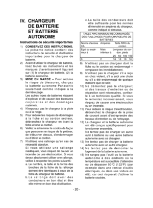 Page 20- 20 -
IV.   CHARGEUR 
DE BATTERIE 
ET BATTERIE 
AUTONOME
Instructions de sécurité importantes
1)    CONSERVEZ  CES  INSTRUCTIONS.  
L a   p r é s e n t e   n o t i c e   c o n t i e n t   d e s 
instructions  de  sécurité  et  d’utilisation 
i m p o r t a n t e s   p o u r   l e   c h a r g e u r   d e 
batterie.
2)  Avant d’utiliser le chargeur de batterie, 
l i s e z   t o u t e s   l e s   i n s t r u c t i o n s   e t   l e s 
m a r q u e s   d ’ a v e r t i s s e m e n t   f i g u r a n t 
sur  (1)...