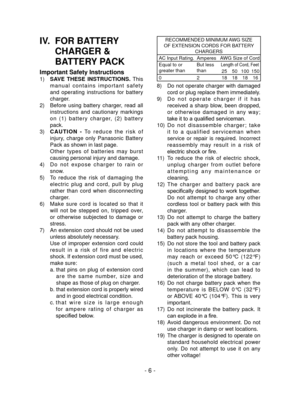 Page 6- 6 -
IV.   FOR BATTERY 
CHARGER & 
BATTERY PACK
Important Safety Instructions
1)    SAVE  THESE  INSTRUCTIONS.  This 
m a n u a l   c o n t a i n s   i m p o r t a n t   s a f e t y 
and  operating  instructions  for  battery 
charger.
2)  Before  using  battery  charger,  read  all 
instructions  and  cautionary  markings 
o n   ( 1 )   b a t t e r y   c h a r g e r,   ( 2 )   b a t t e r y 
pack.
3)  CAUTION  -  To   r e d u c e   t h e   r i s k   o f 
injury,  charge  only  Panasonic  Battery 
Pack...