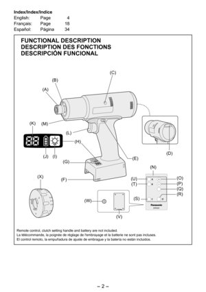 Page 2
-  - 

(D)(I)(J)
(K)
(A)
(E)
(F)
(G)
(H)
(L)
(M)
(C)
(B)
EYFA31
A
B
C D
(O)
(P)
(N)
(R)
(U)
(T)
(S)(W)
(V)
(Q)
(X)
Index/Index/Indice
English:Page4
Français:Page18
Español:Página34
FUNCTIONAL DESCRIPTION
DESCRIPTION DES FONCTIONS
DESCRIPCIÓN FUNCIONAL
Remote control, clutch setting handle and battery are not included.La télécommande, la poignée de réglage de l'embrayage et la batterie ne sont pas incluses.El control remoto, la empuñadura de ajuste de embrague y la batería no están incluidos. 