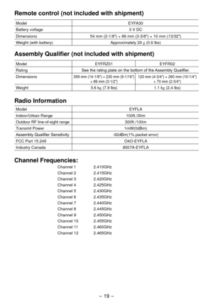 Page 19- 19 -  
Remote control (not included with shipment)
ModelEYFA30
Battery voltage 3 V DC
Dimensions 54 mm (
 -1/8") × 86 mm (3-3/8") × 10 mm (13/3")
Weight (with battery) Approximately 
 9 g (0.6 lbs)
Assembly Qualifier (not included with shipment)
Model EYFRZ01EYFR0 
Rating See the rating plate on the bottom of the Assembly Qualifier.
Dimensions
359 mm (14-1/8") × 30 mm (9-1/16")  × 89 mm (3-1/") 10 mm (4-3/4") × 60 mm (10-1/4") 
×...