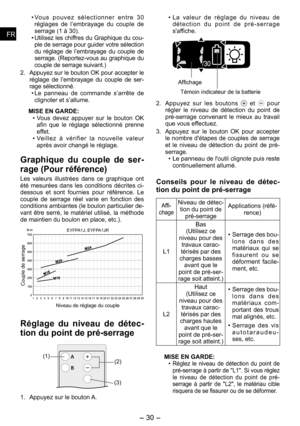 Page 30
- 0 - 
FRFR
FRFR

• Vo u s   p o u v e z   s é l e c t i o n n e r   e n t r e   0 réglages  de  l’embrayage  du  couple  de 
serrage (1 à 0).
•  Utilisez les chiffres du Graphique du cou
-ple de serrage pour guider votre sélection du  réglage  de  l’embrayage  du  couple  de serrage. (Reportez-vous au graphique du couple de serrage suivant.)
.  Appuyez sur le bouton OK pour accepter le 
réglage  de  l’embrayage  du  couple  de  ser-rage sélectionné.
•  Le  panneau  de  commande...