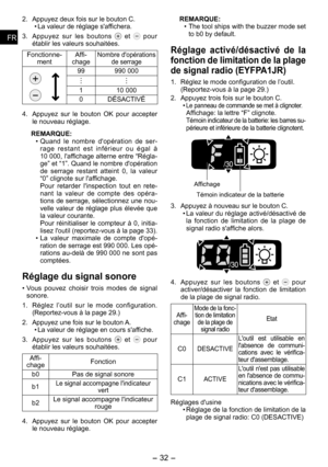Page 32
-  - 
FRFR
FRFR

. Appuyez deux fois sur le bouton C.
•  La valeur de réglage s'affichera.
.  Appuyez  sur  les  boutons 
  et   pour établir les valeurs souhaitées.
Fonctionne-mentAffi-chageNombre d'opérations de serrage
 0 000
110 000
0DÉSACTIVÉ
4.  Appuyez  sur  le  bouton  OK  pour  accepter 
le nouveau réglage.
REMARQUE:
• Quand  le  nombre  d'opération  de  ser-rage  restant  est  inférieur  ou  égal  à 
10 000, l'affichage alterne entre...