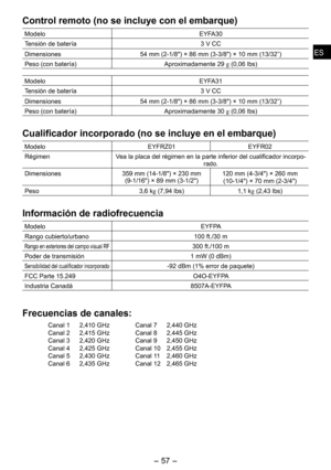 Page 57
ESES

- 7 -  
ESES

Control remoto (no se incluye con el embarque)
ModeloEYFA0
Tensión de batería  V CC
Dimensiones4 mm (-1/") × 6 mm (-/") × 10 mm (1/”)
Peso (con batería) Aproximadamente  g (0,06 lbs)
Modelo EYFA1
Tensión de batería  V CC
Dimensiones4 mm (-1/") × 6 mm (-/") × 10 mm (1/”)
Peso (con batería) Aproximadamente 0 g (0,06 lbs)...