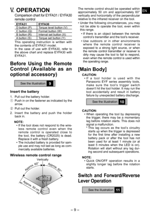 Page 9
ENEN

-  -  
ENEN
V. OPERATION
Comparison chart for EYFA 1 / EYFA 0 
remote control
EYFA31EYFA30D button (P)Torque level button (V)C button (Q)Format button (W)B button (R)Interval set button (X)A button (S)Torque set button (Y)
This  operating  instruction  is  written  with 
the contents of EYFA1 model. 
In  the  case  of  use  with  EYFA 0,  refer  to 
the  above  chart  and  replace  EYFA0  with 
EYFA1.
Before  Using  the  Remote 
Control  (Available  as  an...