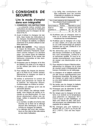 Page 7
- 7 -  
I. C O N S I G N E S   D E 
SECURITE
 Lire  le  mode  d’emploi 
dans son intégralité
 1) CONSERVEZ  CES  INSTRUCTIONS – La  présente  notice  contient  des instructions de sécurité et d'utilisation 
importantes  pour  le  chargeur  de  bat-terie EY0L10.
  ) Avant  d’utiliser  le  chargeur  de  bat-terie,  lisez  toutes  les  instructions  et les  marques  d'avertissement  figurant sur le chargeur de batterie, la batterie autonome et le produit utilisant la bat-terie autonome.
  3)...