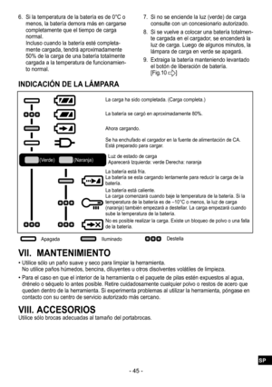 Page 45- 45 -
6. Si la temperatura de la batería es de 0°C o 
menos, la batería demora más en cargarse 
completamente que el tiempo de carga 
normal.
 Incluso cuando la batería esté completa-mente cargada, tendrá aproximadamente 
50% de la carga de una batería totalmente 
cargada a la temperatura de funcionamien
-to normal. 7. 
Si no se enciende la luz (verde) de carga 
consulte con un concesionario autorizado.
8.  Si se vuelve a colocar una batería totalmen
-te cargada en el cargador, se encenderá la 
luz de...