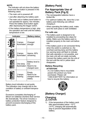 Page 13- 13 -
NOTE:The indicator will not show the battery 
level even the button is pressed in the 
following cases.
 
• The main unit is powered off.
 
• Just after attaching the battery pack
 
• The main unit or battery level button is 
not operated for approx. five minutes.  
Press the battery level button again 
after depressing the trigger switch.
 
• If the battery temperature is high, stop 
the operation and wait until the battery 
temperature is low.
Indicator Battery status
3 lamps 
illuminatedCharged...