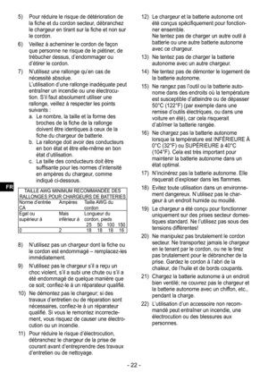 Page 22- 22 -
5) Pour réduire le risque de détérioration de 
la fiche et du cordon secteur, débranchez 
le chargeur en tirant sur la fiche et non sur 
le cordon.
6)  Veillez à acheminer le cordon de façon 
que personne ne risque de le piétiner, de 
trébucher dessus, d’endommager ou 
d’étirer le cordon.
7)  N’utilisez une rallonge qu’en cas de 
nécessité absolue.
 L’utilisation d’une rallonge inadéquate peut 
entraîner un incendie ou une électrocu-
tion. S’il faut absolument utiliser une 
rallonge, veillez à...