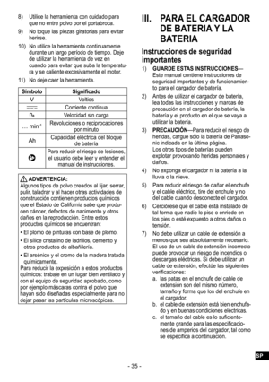 Page 35- 35 -
8) Utilice la herramienta con cuidado para 
que no entre polvo por el portabroca.
9)  No toque las piezas giratorias para evitar 
herirse.
10)  No utilice la herramienta continuamente 
durante un largo período de tiempo. Deje 
de utilizar la herramienta de vez en 
cuando para evitar que suba la temperatu
-ra y se caliente excesivamente el motor.
11)  No deje caer la herramienta.
Símbolo Significado
Voltios
Corriente continua
Velocidad sin carga
Revoluciones o reciprocaciones 
por minuto
Capacidad...