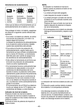 Page 40- 40 -
Advertencia de recalentamiento
Apagado
(funciona-miento 
normal)Iluminado:
Sobrecalenta-miento 
(motor)Destella:
Sobrecalen-tamiento 
(batería)
Indica que se detuvo el funcionamiento por un 
sobrecalentamiento de la batería o el motor.
Para proteger el motor o la batería, asegúrese 
de observar lo siguiente cuando efectúe esta 
operación.
 
•Si el motor o la batería se calienta, se activa-rá la función de protección y el motor o la 
batería dejará de funcionar. La lámpara de advertencia de...