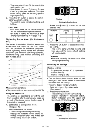 Page 11
- 11 -  

• You  can  select  from  30  torque  clutch settings (1 to 30).
•  Use  figures  from  the  Tightening  Torque 
Chart  to  guide  your  selection  of  torque clutch setting. (See the following tighten-ing torque chart)
.  Press  the  OK  button  to  accept  the  select
-ed torque clutch setting. 
•  The  control  panel  will  stop  flashing  and 
light up.
CAUTION:
• You  must  press  the  OK  button  in  order 
for the selected setting to take effect.
•  Be  sure  to  verify  the  new...