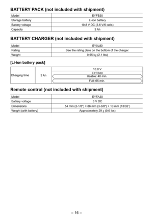 Page 16
- 16 - 
BATTERY PACK (not included with shipment)
ModelEYFB30
Storage batteryLi-ion battery
Battery voltage10.8 V DC (3.6 V/6 cells)
Capacity3 Ah
BATTERY CHARGER (not included with shipment)
ModelEY0L80
RatingSee the rating plate on the bottom of the charger.
Weight0.95 kg (.1 lbs)
[Li­ion battery pack]
Charging time3 Ah
10.8 V
EYFB30Usable: 40 min.
Full: 65 min.
Remote control (not included with shipment)
ModelEYFA30
Battery voltage3 V DC
Dimensions 54 mm (-1/8") × 86 mm (3-3/8") × 10...