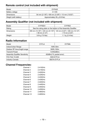 Page 19
- 19 -  

Remote control (not included with shipment)
ModelEYFA30
Battery voltage3 V DC
Dimensions54 mm (-1/8") × 86 mm (3-3/8") × 10 mm (13/3")
Weight (with battery) Approximately 9 g (0.6 lbs)
Assembly Qualifier (not included with shipment)
ModelEYFRZ01EYFR0
RatingSee the rating plate on the bottom of the Assembly Qualifier.
Dimensions359 mm (14-1/8") × 30 mm (9-1/16") 
× 89 mm (3-1/") 10 mm (4-3/4") × 60 mm (10-1/4") 
× 70 mm...