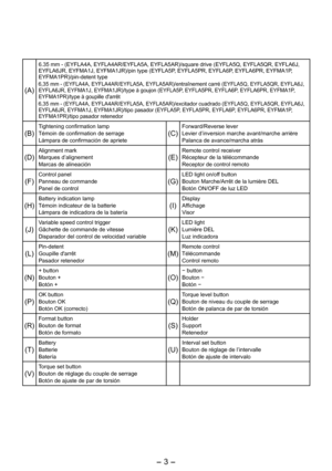 Page 3
- 3 -  

(A)
6.35 mm - (EYFLA4A, EYFLA4AR/EYFLA5A, EYFLA5AR)/square drive (EYFLA5Q, EYFLA5QR, EYFLA6J, EYFLA6JR, EYFMA1J, EYFMA1JR)/pin type (EYFLA5P, EYFLA5PR, EYFLA6P, EYFLA6PR, EYFMA1P, EYFMA1PR)/pin-detent type6,35 mm - (EYFLA4A, EYFLA4AR/EYFLA5A, EYFLA5AR)/entraînement carré\
 (EYFLA5Q, EYFLA5QR, EYFLA6J, EYFLA6JR, EYFMA1J, EYFMA1JR)/type à goujon (EYFLA5P, EYFLA5PR, EYFLA6P, EYFLA6PR, EYFMA1P, EYFMA1PR)/type à goupille d'arrêt6,35 mm - (EYFLA4A, EYFLA4AR/EYFLA5A, EYFLA5AR)/excitador cuadrado...