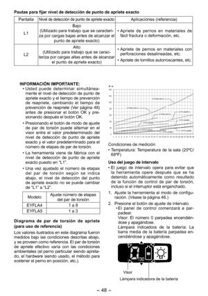 Page 48
- 48 - 

INFORMACIÓN IMPORTANTE:• Usted  puede  determinar  simultánea-mente el nivel de detección de punto de apriete exacto y el tiempo de prevención de  reapriete,  cambiando  el  tiempo  de prevención  de  reapriete  (Ver  página  48) antes  de  presionar  el  botón  OK  y  pre-sionando después el botón OK.
•  Presionando el botón de modo de ajuste 
de  par  de  torsión  puede  alternar  en  el visor  entre  el  valor  predeterminado  del nivel  de  detección  de  punto  de  apriete exacto y el...