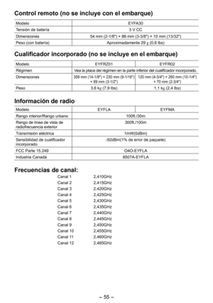 Page 55
- 55 -  

Control remoto (no se incluye con el embarque)
ModeloEYFA30
Tensión de batería3 V CC
Dimensiones54 mm (-1/8") × 86 mm (3-3/8") × 10 mm (13/3")
Peso (con batería) Aproximadamente 9 g (0,6 lbs)
Cualificador incorporado (no se incluye en el embarque)
ModeloEYFRZ01EYFR0
RégimenVea la placa del régimen en la parte inferior del cualificador incorporado.
Dimensiones359 mm (14-1/8") × 30 mm (9-1/16") 
× 89 mm (3-1/") 10 mm (4-3/4") ×...