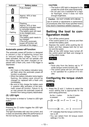 Page 13
ENEN

- 13 -  
ENEN
IndicatorBattery status
Fully charged
Approx. 40% or less remaining
Flashing
Flashing
Approx. 0% or less 
remaining (indicates need to recharge battery)The battery pack will need to be charged soon.
Flashing
No chargeThe battery pack needs to be charged.(The tool’s automatic power-off function will activate at this stage.) 
Automatic power­off function
The  automatic  power-off  function  is  designed to  prevent  a  loss  of  tightening  torque  due t o   r e d u c e d   b a t...