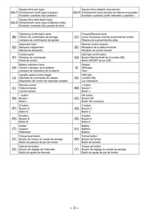 Page 3
- 3 -  

(A)-1Square drive (pin type)Entraînement carré (type à goujon)Excitador cuadrado (tipo pasador)(A)-
Square drive (retainer ring and pin)Entraînement carré (anneau de retenue et goupille)Excitador cuadrado (anillo retenedor y pasador)
(A)-3Square drive (ball detent type)Entraînement carré (type à détente à bille)Excitador cuadrado (tipo parada de bola)
(B)Tightening confirmation lampTémoin de confirmation de serrageLámpara de confirmación de apriete(C)Forward/Reverse leverLevier d’inversion...