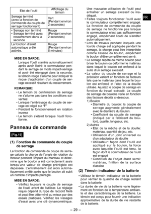 Page 29
FRFR

-  -  
FRFR

Etat de l’outilAffichage du témoin
Serrage terminé(avec la fonction de commande du couple de serrage fonctionnant)
Vert(Pendant environ 
 secondes)
•  Serrage non terminé
•  Serrage terminé avec 
resserrement dans la seconde
Rouge(Pendant environ 
 secondes)
La fonction d’arrêt automatique a été activée.
Rouge(Pendant environ 
 minutes)
MISE EN GARDE:
Lorsque  l’outil  s’arrête  automatiquement après  avoir  libéré  le  commutateur  pen-dant le serrage en mode...