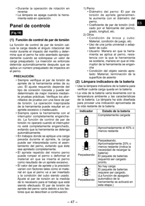 Page 47
ESES

- 47 -  
ESES

Durante  la  operación  de  rotación  en reversaLa  lámpara  se  apaga  cuando  la  herra-mienta está en operación.
Panel de controle
[Fig.19]
(1) Función de control de par de torsión
La  función  de  control  de  par  de  torsión  cal-cula  la  carga  desde  el  ángulo  rotacional  del motor  durante  el  impacto  del  martillo  y  deter-mina  que  el  perno  ha  sido  asentado  apropia-damente  cuando  se  sobrepasa  un  valor  de carga  preajustado.  La  inserción  es  entonces...