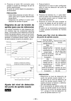 Page 49
ESES

- 4 -  
ESES

2. Presione  el  botón  OK  (correcto)  para aceptar  el  ajuste  de  embrague  de  par  de torsión seleccionado.El  panel  de  control  dejará  de  parpadear  y se encenderá.
PRECAUCIÓN:
Usted debe presionar el botón OK (cor-
recto)  para  que  el  ajuste  selecci onado 
tenga efecto.Asegúrese  de  verificar  el  nuevo  valor después de cambiar el ajuste.
Diagrama  de  par  de  torsión  de 
apriete (para uso de referencia)
Los  valores  ilustrados  en  este  diagrama  fue-ron...