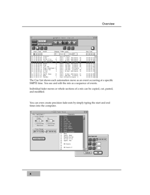 Page 12x
Overview
The Cue List shows each automation move as an event occurring at a specific
SMPTE time. You see and edit the mix as a sequence of events. 
Individual fader moves or whole sections of a mix can be copied, cut, pasted,
and modified. 
You can even create precision fade-outs by simply typing the start and end
times into the computer. 