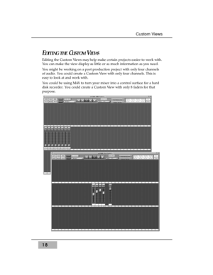 Page 34EDITING THECUSTOMVIEWS
Editing the Custom Views may help make certain projects easier to work with.
You can make the view display as little or as much information as you need.
You might be working on a post production project with only four channels
of audio. You could create a Custom View with only four channels. This is
easy to look at and work with.
You could be using MAX to turn your mixer into a control surface for a hard
disk recorder. You could create a Custom View with only 8 faders for that...