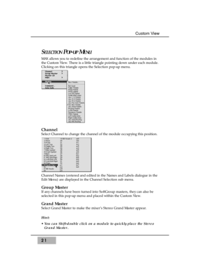 Page 3721
Custom View
SELECTIONPOP-UPMENU
MAX allows you to redefine the arrangement and function of the modules in
the Custom View. There is a little triangle pointing down under each module.
Clicking on this triangle opens the Selection pop-up menu. 
Channel
Select Channel to change the channel of the module occupying this position.
Channel Names (entered and edited in the Names and Labels dialogue in the
Edit Menu) are displayed in the Channel Selection sub menu.
Group Master
If any channels have been turned...