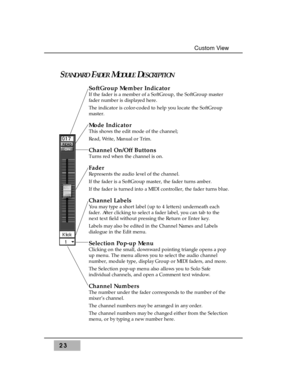 Page 3923
Custom View
STANDARDFADERMODULEDESCRIPTION
SoftGroup Member Indicator
If the fader is a member of a SoftGroup, the SoftGroup master
fader number is displayed here. 
The indicator is color-coded to help you locate the SoftGroup
master.
Mode Indicator 
This shows the edit mode of the channel; 
Read, Write, Manual or Trim. 
Channel On/Off Buttons
Turns red when the channel is on.
Fader 
Represents the audio level of the channel.
If the fader is a SoftGroup master, the fader turns amber.
If the fader is...