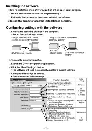 Page 7
- 7 -  

Installing the software
● Before installing the software, quit all other open applications. 
1.  Double-click “Panasonic Device Programmer.zip.”
2.  Follow the instructions on the screen to install the software.
● Restart the computer once the installation is complete.
Configuring settings with the software
1.  Connect the assembly qualifier to the computer.
• Use an RS-232C straight cable.
Using a serial RS-3C port to connect the assembly qualifierUsing a USB port to connect the...