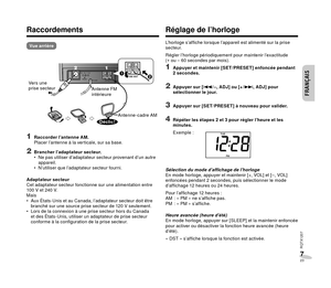 Page 23ENGLISH
FRANÇAISFRANÇAIS
FRANÇAIS
RQTX1207
7723
Raccordements
Vue arrière
1
2
Vers une 
prise secteur
Antenne FM 
intérieure
Déclic! Antenne-cadre AM
1 Raccorder l’antenne AM.
Placer l’antenne à la verticale, sur sa base.
2 Brancher l’adaptateur secteur.
 Ne pas utiliser d’adaptateur secteur provenant d’un autre 
appareil.
 N’utiliser que l’adaptateur secteur fourni.
Adaptateur secteur
Cet adaptateur secteur fonctionne sur une alimentation entre 
100 V et 240 V.
Mais
 Aux États-Unis et au Canada,...