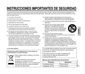 Page 35ENGLISH
ESPAÑOL
ESPAÑOLESPAÑOL
RQTX1207
3335
INSTRUCCIONES IMPORTANTES DE SEGURIDAD
Lea estas instrucciones de funcionamiento minuciosamente antes de usar la unidad.  Siga las instrucciones de seguridad en la 
unidad y las instrucciones de seguridad aplicables enumeradas abajo.  Mantenga estas instrucciones de funcionamiento a mano 
para consultas futuras. 
1)  Lea estas instrucciones. 
2)  Guarde estas instrucciones. 
3)  Ponga atención a todas las advertencias.
4)  Siga todas las instrucciones. 
5)  No...