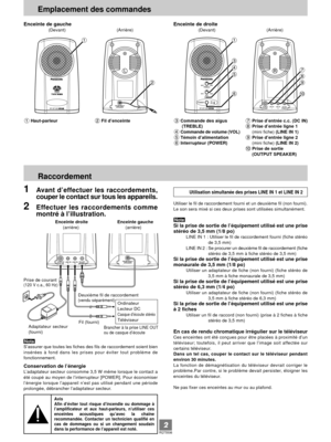 Page 6RQT5506
2
Fil dÕenceinte
Enceinte de droite
       (Devant) 
Enceinte de gauche
       (Devant) 
Emplacement des commandes
Raccordement
1Avant dÕeffectuer les raccordements,
couper le contact sur tous les appareils.
2Effectuer les raccordements comme
montrŽ ˆ lÕillustration.
Enceinte droite
Enceinte gauche

Brancher ˆ la prise LINE OUT
ou de casque dÕŽcoute
SÕassurer que toutes les fiches des fils de raccordement soient bien

fonctionnement.
Conservation de lÕŽnergie
ŽtŽ coupŽ au moyen de lÕinterrupteur...