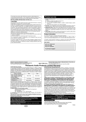 Page 61. Damage requiring service—The unit should be serviced by qualiﬁed service per-
sonnel if:
1.(a) Objects or liquids have gotten into the unit; or
1.(b) The unit has been exposed to rain; or
1.(c) The unit does not operate normally or exhibits a marked change in perfor-
mance; or
1.(d) The unit has been dropped or the cabinet damaged.
2. Servicing—Do not attempt to service the unit beyond that described in these op-
erating instructions. Refer all other servicing to authorized servicing personnel.
3....