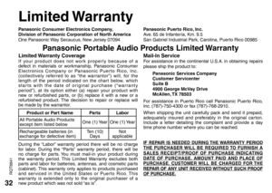 Page 3232
RQT8841
Limited Warranty
Panasonic Consumer Electronics Company,
Division of Panasonic Corporation of North America
One Panasonic Way Secaucus, New Jersey 07094Panasonic Puerto Rico, Inc.
Ave. 65 de Infantería, Km. 9.5
San Gabriel Industrial Park, Carolina, Puerto Rico 00985
Limited Warranty  CoverageIf your product does not work properly because of a 
defect in materials or workmanship, Panasonic Consumer 
Electronics Company or Panasonic Puerto Rico, Inc. 
(collectively referred to as “the...