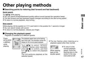 Page 1717
RQT9198
Other playing methods
Basic use
The playback speed rises as the flashing 
bars move right. The illustration shows the 
display for the normal speed playback.
g Searching points for listening (fast forward and fast backward)
Quick search
Tu r n [
] while playing.* You can search forward/backward quickly without sound (except the operation beep).* The fast forward and fast backward speed changes according to the dial turning speed.* To return to normal playback, stop turning.
Slow search
While...