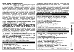 Page 3333
RQT9198
Reference
Limited Warranty Limits And ExclusionsThis warranty ONLY COVERS failures due to defects in materials 
or workmanship, and DOES NOT COVER normal wear and tear 
or cosmetic damage. The warranty ALSO DOES NOT COVER 
damages which occurred in shipment, or failures which are 
caused by products not supplied by the warrantor, or failures 
which result from accidents, misuse, abuse, neglect, mishandling, 
misapplication, alteration, faulty installation, set-up adjust ments, 
misadjustment...