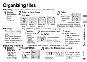 Page 1919
RQT8824
Press 
[ERASE].
Press and hold 
[*FOLDER/MENU] for 1 
second on longer.
Organizing files
g Deleting (a file/ all files in a folder/ all folders except S/ all folders)
g Lock (file protection)
1Display 
the menu2Select “LOCK”3Select the file you want to lock
* To unlock, select 
the file you want 
to unlock, then 
confirm. Preparation: Select a folder containing a file to protect.
g Moving
1Display 
the moving 
menu2Select the destination folder
Tu r n  []. Preparation: Play the file to be...