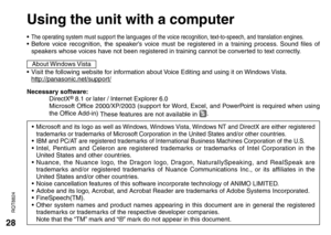 Page 2828
RQT8824
• The operating system must support the languages of the voice recognition, text-to-speech, and translation engines.• Before voice recognition, the speaker’s voice must be registered in a training process. Sound files of 
speakers whose voices have not been registered in training cannot be converted to text correctly.
About Windows Vista
•  Visit the following website for information about Voice Editing and using it on Windows Vista.
 http://panasonic.net/support/
Necessary software: 
DirectX...