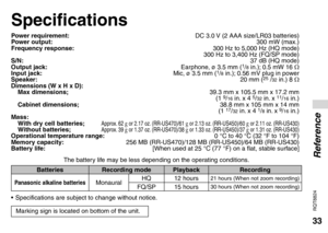 Page 3333
RQT8824
•  Specifications are subject to change without notice.
Specifications
Marking sign is located on bottom of the unit.
Power requirement:  DC 3.0 V (2 AAA size/LR03 batteries)
Power output: 300 mW (max.)
Frequency response:  300 Hz to 5,000 Hz (HQ mode)
    300 Hz to 3,400 Hz (FQ/SP mode)
S/N:  37 dB (HQ mode)
Output jack:  Earphone, ø 3.5 mm (
1/8 in.); 0.5 mW 16 Ω 
Input jack:  Mic, ø 3.5 mm (1/8 in.); 0.56 mV plug in power
Speaker: 20 mm (25 /32 in.) 8 Ω
Dimensions (W x H x D):
 Max...