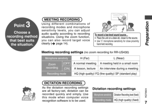 Page 77
RQT8824
To record a low-level sound source…• Place the unit on a desk etc. closer to the source.• Use “L” microphone sensitivity for close proximity 
hand-held recording.
Microphone sensitivityDictation Recording level (fixed)
Recording modeHQ (high quality) (fixed)
Preparation
Point 3
Choose a 
recording method 
that best suits 
the situation.
Microphone sensitivityH (Far) L (Near)
Zoom 
recording[OFF]A normal meetingA meeting held in a small room
[ON]A lesson, lecture An interview during a meeting...